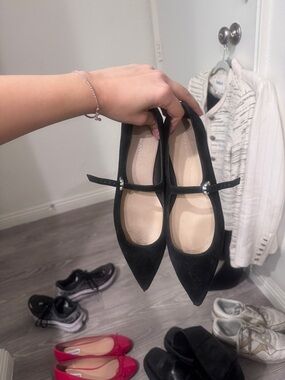 Black Stuart Weitzman Pointed Mary Jane Flats with Rhinestone Strap - Women